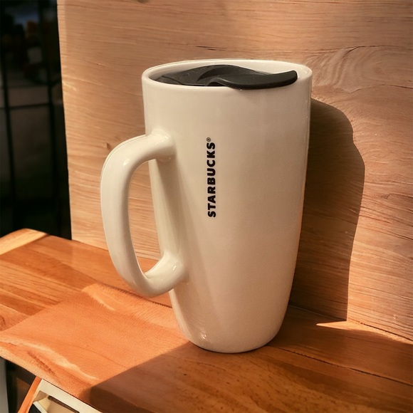Starbucks White Ceramic Snap On Slide To Open Lid White 16 Ounce Mug! - Picture 3 of 9